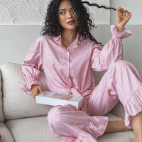 RUIYI Sommer Herbst Winter Romantische Pyjamas Rosa Kariert Gerüschter Langarm-Cardigan Spitzenhose Zweiteiliges Set Weich Atmungsaktiv