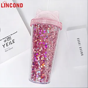 Lincond Cup Dinding Ganda Plastik, Gaya Panas Dapat Digunakan Kembali BPA Gratis Tritan Glitter Telinga dengan Sedotan