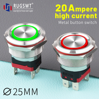 Sakelar Tombol Tekan Logam Arus Tinggi 25mm 20A, Momentary Latching 2NC 12V 24V 220V dengan LED Terang IP67 Tahan Air