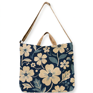 Bolsa de Mano de Lona con Diseño Floral Personalizada, Tamaño Mediano, Asa para Hombro, Color Azul Marino, Patrón de Flores Crema, para Uso Diario, Compras y Actividades al Aire Libre - Product Image 1