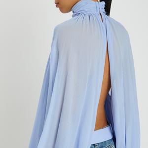 Nouvelle Blouse Décontractée Tendance pour Femme, Col Montant, Manches Lanterne, Dos Nu Transparent, Froncée, OEM - Product Image 2