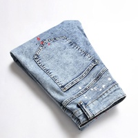 Jeans slim déchirés pour hommes, coupe droite, effet délavé, imprimé graffiti, style hip-hop, denim, streetwear, vente en gros, personnalisable OEM