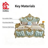 Lit King Size en Bois Massif de Style Européen, Tête de Lit Sculptée en Cuir Véritable, Ensemble de Meubles de Chambre pour Villa et Hôtel