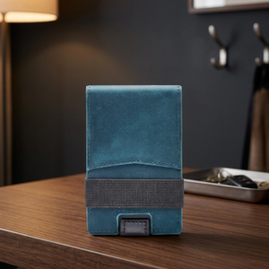 WRIZA Slim Genuine Leather Card Holder Minimalist Design Magnetic Closure Unisex Dark Blue <b>Wallet</b> Short Length Pop RFID Blocking - Product Image 2