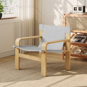 Poltrona in Legno di Quercia con Braccioli Larghi, Stile Mid-Century, Rivestimento in Lino, Struttura in Legno Massello, Sedia per Soggiorno - Product Image 4