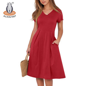 Alxin Groothandel Custom Zomer A-Lijn Korte Mouwen Meisjes Jurken Casual Vrouw Midi Jurk Damesrokken Kleding Damesjurk - Product Image 2