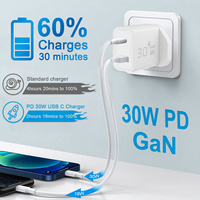 Cargador de Teléfono Portátil Tipo-C de 2 Puertos, Ultra Rápido, 30 W, Adaptador con Enchufe Europeo, Cargador de Pared USB-C, Cargador Rápido Gan de 30 W, OEM