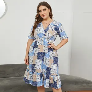 Fashion Summer A Line Printed V-neck Vintage Casual Dresses Plus Size Clothing Dress Women Clothing New Women Dress