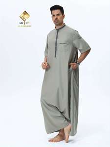 Latest <b>Men</b> Arabic <b>Thobe</b>,Soft Non-Pilling Material,Fashionable Short Sleeve Stand Collar Button Design good quality comfortable - Product Image 1
