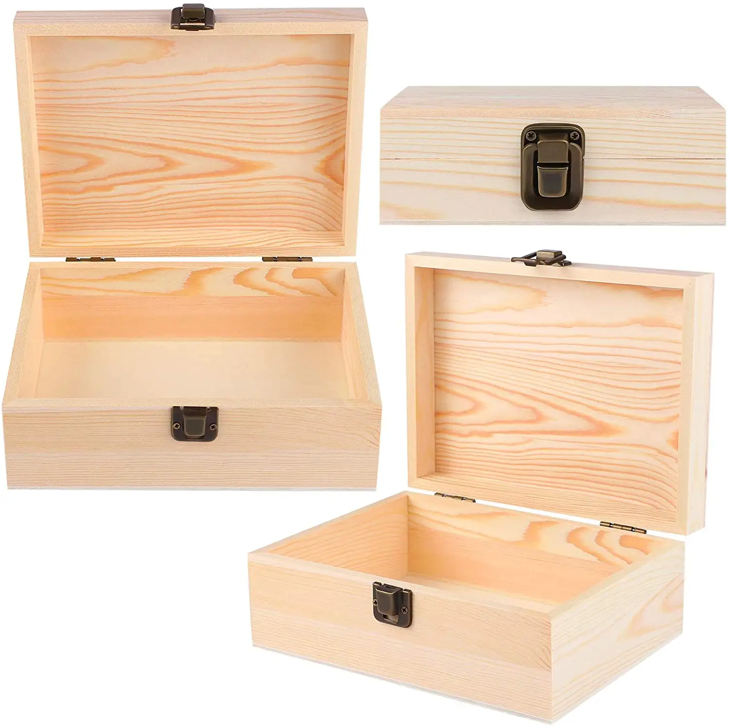 กล่องไม้เก็บของสมบัติสำหรับตกแต่ง3ชิ้น,กล่องไม้สนพร้อมที่ล็อกและฝาปิดสำหรับงานฝีมือศิลปะงานอดิเรก