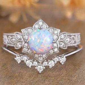yunnique Natural <b>Opal</b> <b>Ring</b> <b>Silver</b> Flower Design Pave Setting Wedding Jewelry - Product Image 1