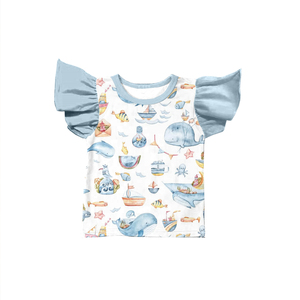 Haut à manches bouffantes imprimé en soie de lait pour filles, T-shirt à manches courtes à volants imprimé intégral pour enfants - Product Image 5