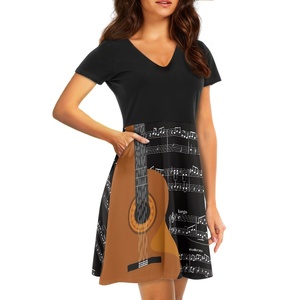 Vestido de bolsillo transpirable, patrón de nota musical de guitarra, vestido elegante informal para mujer con salida de fábrica, ropa <span class=keywords><strong>femenina</strong></span>, faldas Midi - Product Image 1