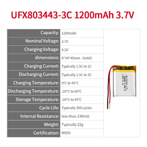 Lâu dài có thể sạc lại UFX803443-3C 1200mAh 3.7V Hot Bán OEM ODM MSDS Punch Li-Po Lithium Polymer Pin tế bào nhà máy - Product Image 2