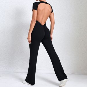 Tuta da Yoga Senza Schienale a Maniche Corte Color Carne con Pantaloni Svasati per <span class=keywords><strong>Fitness</strong></span> - Product Image 3
