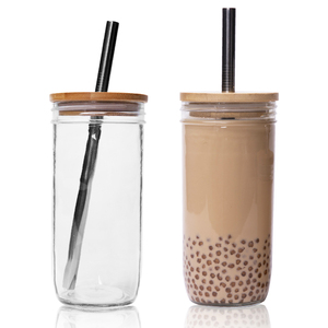 Mason Jar With Lid Plastic Screw Lid With 15mm Hole 24oz 710ml Boba Tea Drinking Wide Mouth Glass Mason Jar With Bamboo Lid