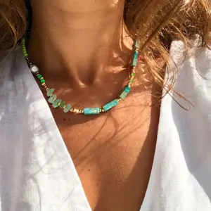 波西米亚彩色天然石珍珠串珠项链女锁骨链沙滩饰品手工配件