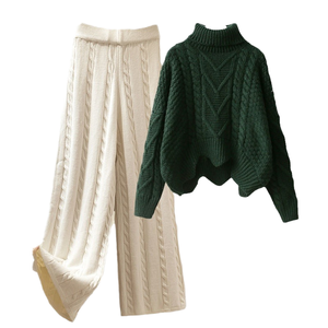 Autumn and Winter Casual Breathable Turtle-neck Solid Color Sweater and Loose Pant <b>Knit</b> Two-piece <b>Set</b> for Women - Product Image 1