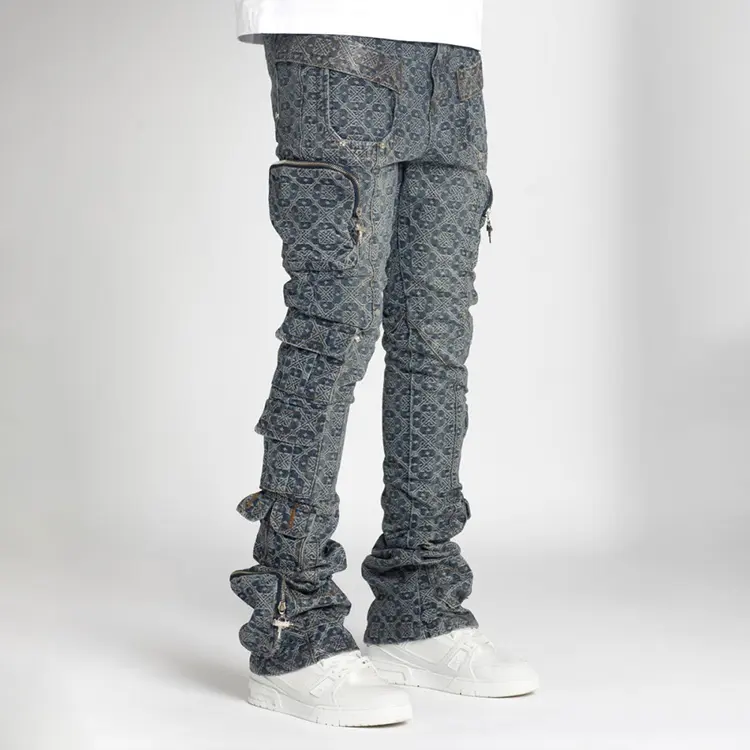 High Quality Men's Pants Straight Leg Slim Fit Stacked Jeans Factory Custom Multi Pockets Laser Printed Denim Cargo Pant Men