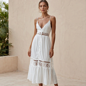 Women <b>White</b> Lace Maxi <b>Dress</b> Spaghetti Strap V Neck Crisscross Back Cutout Waist Tiered Ruffle Summer Beach <b>Dress</b> - Product Image 3