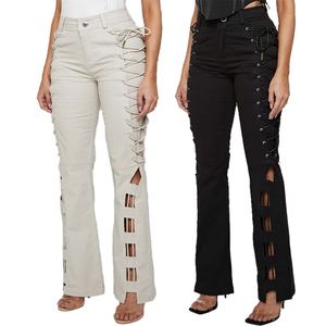 กางเกงแฟชั่นผ้าฝ้ายทรงขาบานผูกเชือกแบบมีซิปสำหรับผู้หญิง กางเกงขายาวสำหรับใส่ทำงาน - Product Image 1