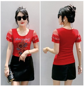 Factory Supply Women's Tee <strong>Tops</strong> Rhinestone <strong>Sunflower</strong> Short Sleeves Custom Pattern Mesh Sleeve T-Shirts for Girls - Product Image 4