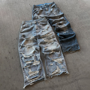 <span class=keywords><strong>Pantalones</strong></span> Vaqueros Rasgados Holgados <span class=keywords><strong>para</strong></span> <span class=keywords><strong>Hombre</strong></span> Estilo Urbano con Lavado Vintage Personalizado y Agujeros - Product Image 1