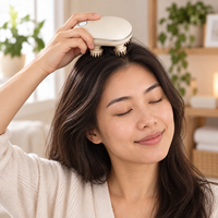 Masseur de tête sans fil beige avec 4 têtes de pétrissage, lumière rouge et 2 modes pour le soin du cuir chevelu à domicile et la relaxation quotidienne
