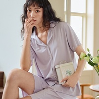 Sweethoney – ensemble 2 pièces pour femmes, vêtements de maison à revers, à manches courtes, coupe ample, design uni, adapté au printemps et à l'été