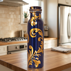 Bouteille d'eau vintage en métal bleu et or à motif floral, portable, avec couvercle - Product Image 6