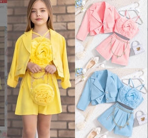 Abbigliamento per bambini set vestiti per ragazze primavera autunno giacca 3D gilet Shorts con catena di perle vestiti da <span class=keywords><strong>bambina</strong></span> - Product Image 2