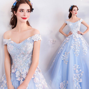 Off The Shoulder Light Blue Floral Embroidered Organza Ball Gown Wedding Dress Empire Waistline For Women - Product Image 1