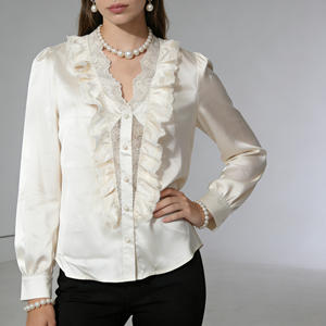 Oferta especial en blusa elegante con cuello en V para mujer de Temu, con volantes de encaje, manga larga y botones de perlas, ideal para el trabajo. - Product Image 6