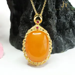 Jewelry Stone 925 Sterling Silver Amber Pendants Hollow Out Gemstones Pendants Wholesale Precious Stone Huge Amber Pendants