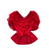 Chemisier vintage à volants en dentelle et maille pour femme, col en V, faux boutons perlés, manches courtes, style peplum, idéal pour l'été
