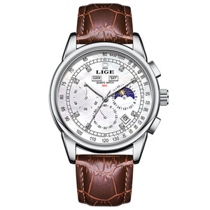 Montre à quartz étanche pour homme, populaire, avec double calendrier, diamants, phases de lune et bracelet en cuir - Product Image 1