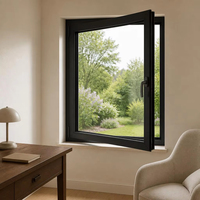 Ventana oscilobatiente de aluminio con bisagra oculta de apertura interior, manija con bloqueo, herrajes de acero inoxidable y a prueba de viento.