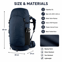 Sac de voyage imperméable 52L, dos rembourré personnalisé, multi-compartiments, sac à dos de randonnée pour le VTT