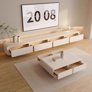 Conjunto de Mueble para TV y Mesa de Centro Modernos y Minimalistas con Almacenamiento para Sala de Estar, Acabado Blanco, Material de Madera - Product Image 1