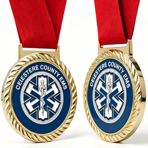Medalla de EMS del Condado de Celestere, Chapada en Oro, Aleación de Zinc, Esmalte Duro Circular, con Cinta Roja, Regalo Empresarial - Product Image 3