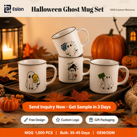 Ensemble de 4 tasses en céramique fantôme d'Halloween |   Tasses à café en grès moucheté avec logo personnalisé |   Commande en gros de cadeaux d'Halloween OEM/ODM