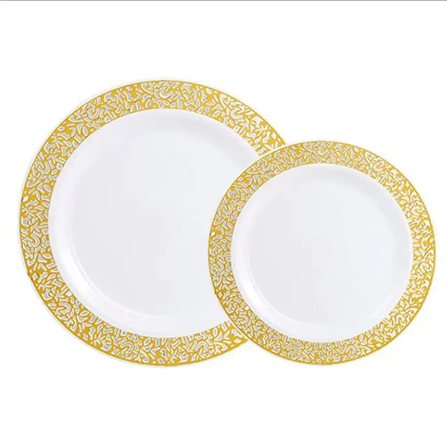 Vente en gros d'assiettes dorées Vaisselle de mariage en plastique Vaisselle de dîner Assiettes à bord doré Mariages Célébration