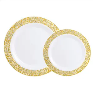 Conjunto de pratos de mesa de plástico para casamento, pratos de jantar, pratos dourados com borda dourada, para comemoração de casamentos