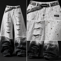 Jeans DiZNEW Premium Heavyweight Distressed pour hommes, coupe ample, teinture contrastée deux tons, logo personnalisé, streetwear.