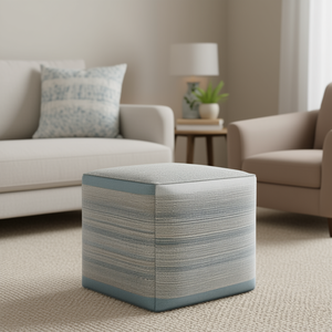 Pouf Cubo in Tessuto Blu Melange Naya, Arredamento per Soggiorno, Decorazione Casa, Stile Contemporaneo, Sgabello Morbido - Product Image 2