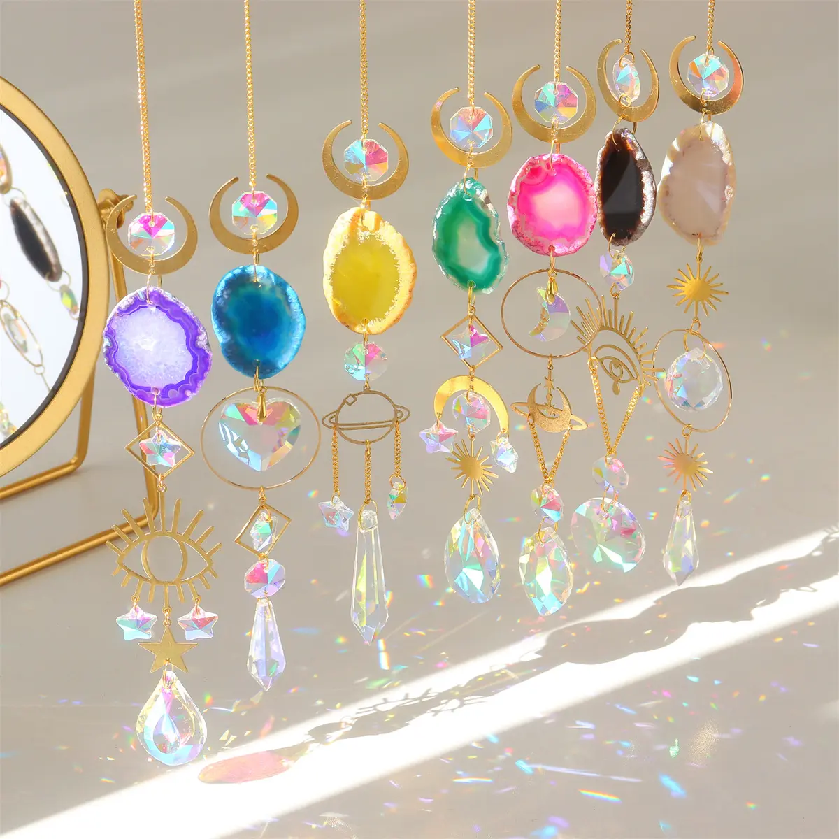 Home Garden Decor Natural Agate Crystal Rainbow Crafts Pendant Hanging Prism Ornament Pendant Car Decoration Gift Sun Catchers