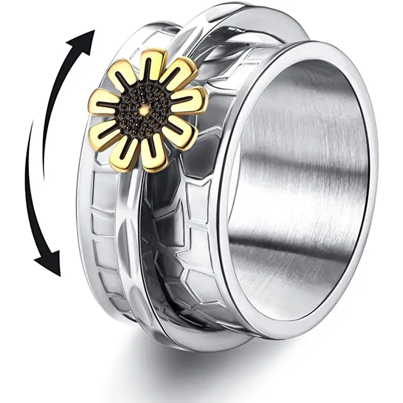 Hot Selling Anti Anxiety Ring 11mm Wave Texture Stainless Steel Rings Rotating Daisy Flower Spinner Fidget Rings for Women