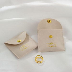 Custom Microfiber Jewelry Pouch with Small <b>Envelope</b> Flap and Metal Button Embossed Suede Logo Jewelry Container - Product Image 4