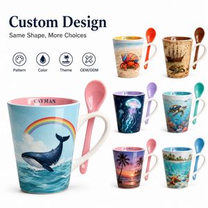Tazas de Cerámica Personalizadas con Diseño Oceánico y Cuchara, Recuerdo Turístico de las Islas Caimán, para Mayoristas de Regalos - Product Image 5