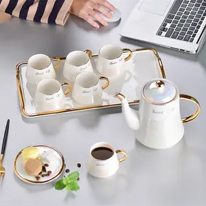 Wholesale Restaurant Home Goods Ceramic Coffee Cup Set Luxury Glazed Teapot Gold Rim Tea Set With Tray